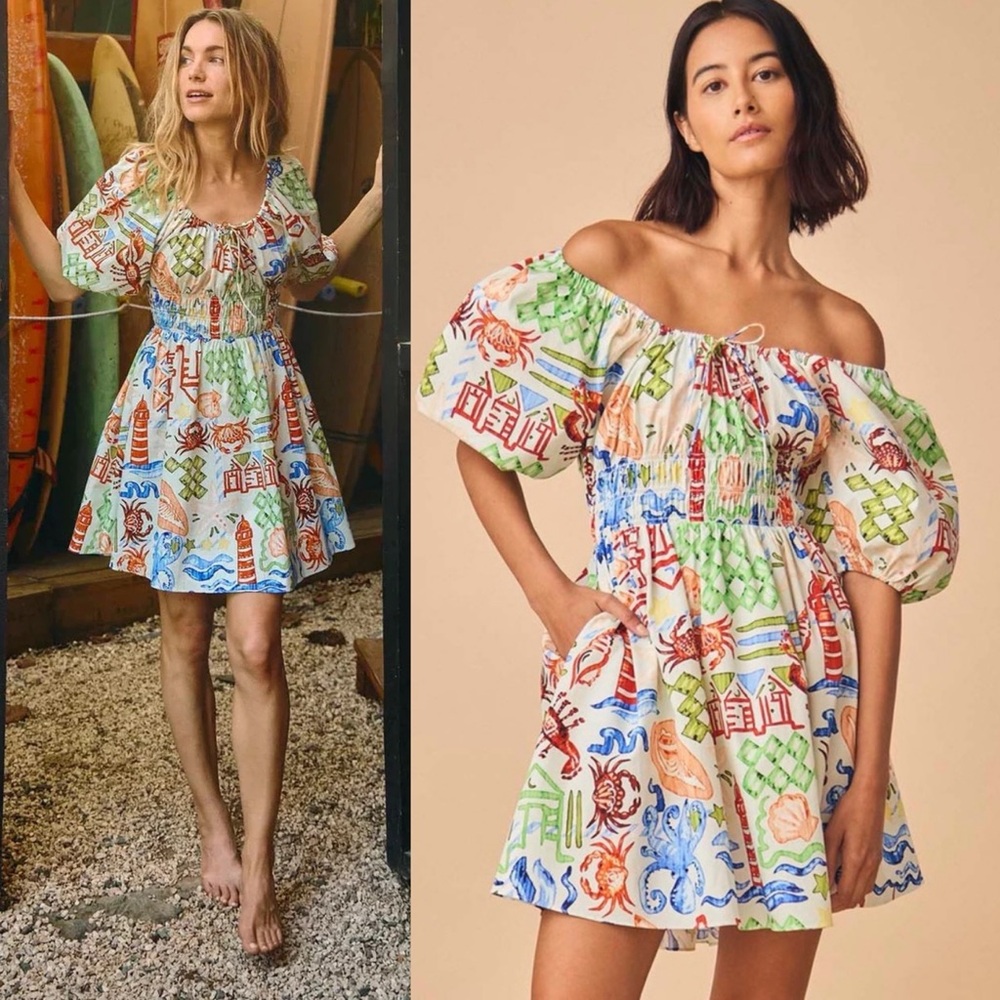 NWT Hunter Bell Drew Mini Dress Crab Tropical Coastal Beach Shell Print Cotton